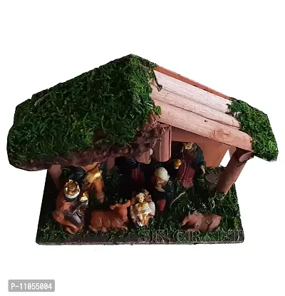 Vinayaks Christmas X-Mass Hand Crafted Wooden hut with Nativity Set- Crib Set- Kudil Set -Jesus Born Figurines Set- Big Size 15 X7 X20 cm-thumb2