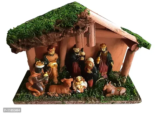 Vinayaks Christmas X-Mass Hand Crafted Wooden hut with Nativity Set- Crib Set- Kudil Set -Jesus Born Figurines Set- Big Size 15 X7 X20 cm