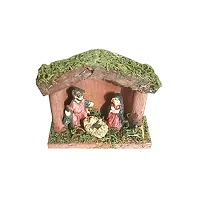 SK Craft Wooden Hut with Marble Mary Joseph Baby Jesus Lamb Nativity Set (Multicolour, 9x12x5 cm)-thumb1