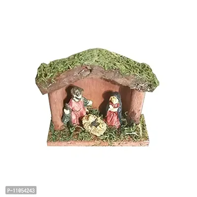 SK Craft Wooden Hut with Marble Mary Joseph Baby Jesus Lamb Nativity Set (Multicolour, 9x12x5 cm)-thumb2