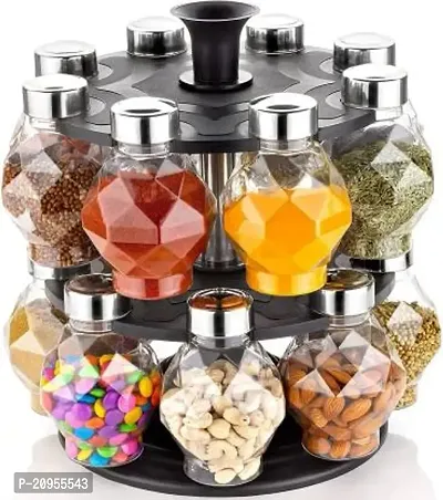 MANVEP Plastic Revolving Spice Rack Storage Jar Condiment Set (Set of 16,Black,350 ml)-thumb0