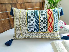 ABSTRACT INDIA Boho Hand Block Printed Throw Pillow Cover Aztec Hand Embroidered for Sofa and Living Room Decor Decorative Rectangle Pillow for Bedroom 16 x 24 inches - 1 Pc-thumb1