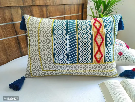 ABSTRACT INDIA Boho Hand Block Printed Throw Pillow Cover Aztec Hand Embroidered for Sofa and Living Room Decor Decorative Rectangle Pillow for Bedroom 16 x 24 inches - 1 Pc-thumb2