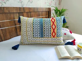 ABSTRACT INDIA Boho Hand Block Printed Throw Pillow Cover Aztec Hand Embroidered for Sofa and Living Room Decor Decorative Rectangle Pillow for Bedroom 16 x 24 inches - 1 Pc-thumb2