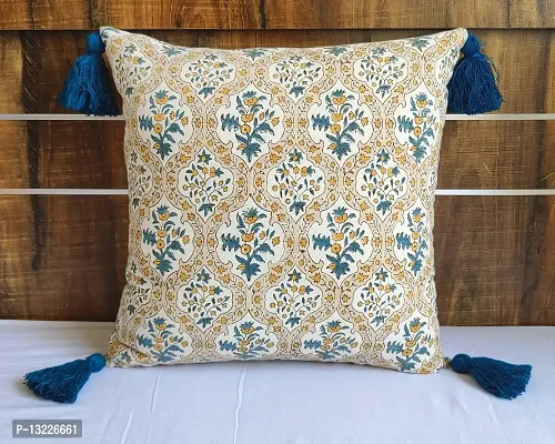 ABSTRACT INDIA Mughal Hand Block Printed Cushion Cover with Corner Tassels for Sofa and Living Room, 18 x 18 inches - 1 Pc-thumb2