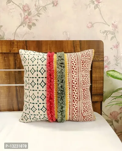 Abstract India Boho Hand Block Printed Cushion Cover Decorative Geo-Jali pattern with shaggy For Sofa and Living Room, Bohemian Cushion Cover, Designer Pillow, Boho Cushion Cover, 18 x 18 inches- 1 Pc-thumb0
