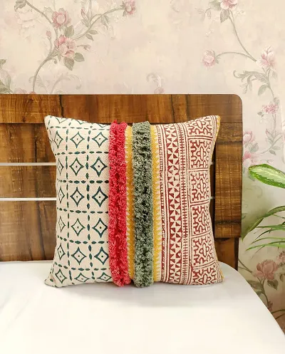 Abstract India Boho Hand Block Printed Cushion Cover Decorative Geo-Jali pattern with shaggy For Sofa and Living Room, Bohemian Cushion Cover, Designer Pillow, Boho Cushion Cover, 18 x 18 inches- 1 Pc