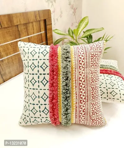 Abstract India Boho Hand Block Printed Cushion Cover Decorative Geo-Jali pattern with shaggy For Sofa and Living Room, Bohemian Cushion Cover, Designer Pillow, Boho Cushion Cover, 18 x 18 inches- 1 Pc-thumb2