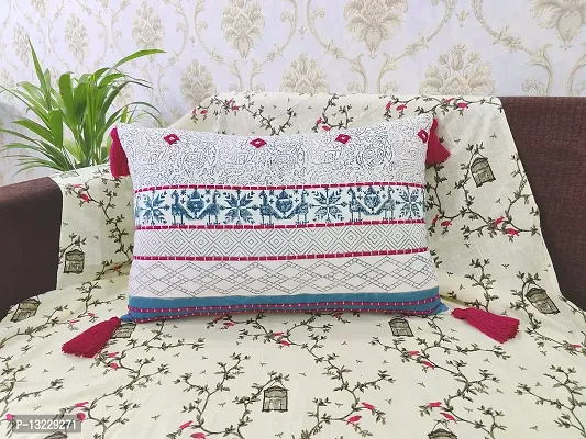 ABSTRACT INDIA Aztec Block Printed Cushion Cover Hand Embroidered for Sofa and Living Room, 16 x 24 inches - 1 Pc