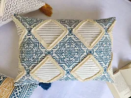 ABSTRACT INDIA Cushion Cover 16""x24"" Inches Cotton White Rectangle Boho Shaggy Pillow Caver for Decor Home Sofa Cauch Bed Room Office Chair India Block Printed Cushion Cover with Corner Tassels-thumb2