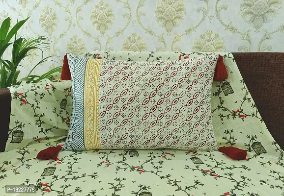 ABSTRACT INDIA Floral Sanganeri Block Printed Cushion Cover with Corner Tassels for Sofa and Living Room, Soft Fabric 16 x 24 inches - 1 Pc-thumb2