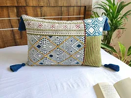 ABSTRACT INDIA Handmade Jaipuri Tribal Block Printed Cushion Cover Hand Embroidered for Sofa and Living Room, Bedroom Decorative Throw Pillows Soft Fabric 16 x 24 inches - 1 Pc-thumb4