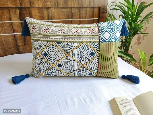 ABSTRACT INDIA Handmade Jaipuri Tribal Block Printed Cushion Cover Hand Embroidered for Sofa and Living Room, Bedroom Decorative Throw Pillows Soft Fabric 16 x 24 inches - 1 Pc-thumb5