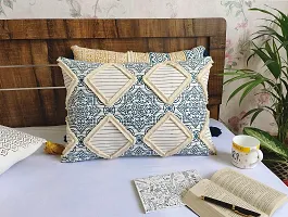 ABSTRACT INDIA Cushion Cover 16""x24"" Inches Cotton White Rectangle Boho Shaggy Pillow Caver for Decor Home Sofa Cauch Bed Room Office Chair India Block Printed Cushion Cover with Corner Tassels-thumb1