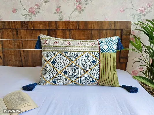 ABSTRACT INDIA Handmade Jaipuri Tribal Block Printed Cushion Cover Hand Embroidered for Sofa and Living Room, Bedroom Decorative Throw Pillows Soft Fabric 16 x 24 inches - 1 Pc-thumb4