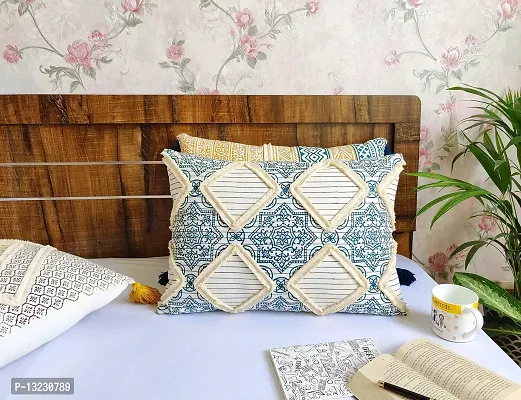 ABSTRACT INDIA Cushion Cover 16""x24"" Inches Cotton White Rectangle Boho Shaggy Pillow Caver for Decor Home Sofa Cauch Bed Room Office Chair India Block Printed Cushion Cover with Corner Tassels