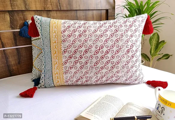 ABSTRACT INDIA Floral Sanganeri Block Printed Cushion Cover with Corner Tassels for Sofa and Living Room, Soft Fabric 16 x 24 inches - 1 Pc