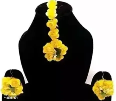 Artificial Flower Haldi Earrings and Maangtika Set for Wedding/Party/Bridal/Haldi / Mehndi-thumb0