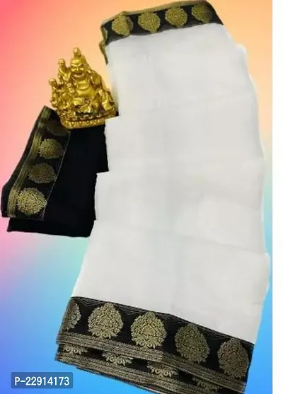 Stylish Chanderi Cotton White Embellished Saree with Blouse piece For Women-thumb0