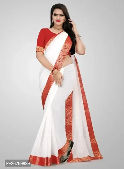 white saree with chanderi fabric and with cotton silk blouse and lace-thumb0