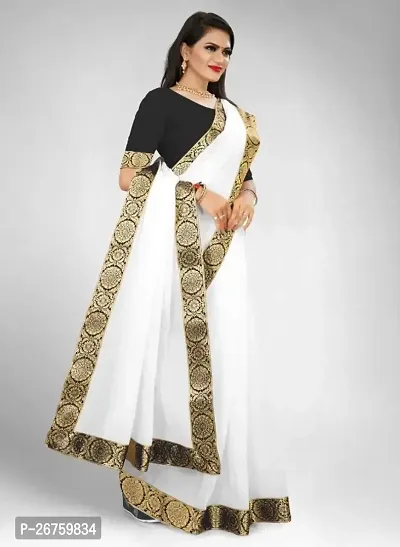 white saree with chanderi fabric and with cotton silk blouse and lace-thumb2