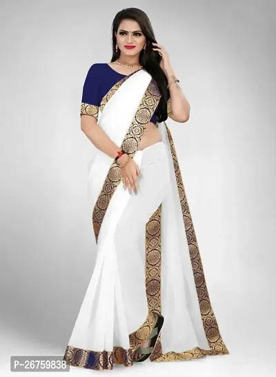 white saree with chanderi fabric and with cotton silk blouse and lace-thumb0