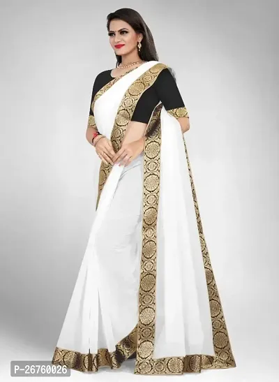 white saree with chanderi fabric and with cotton silk blouse and lace-thumb0