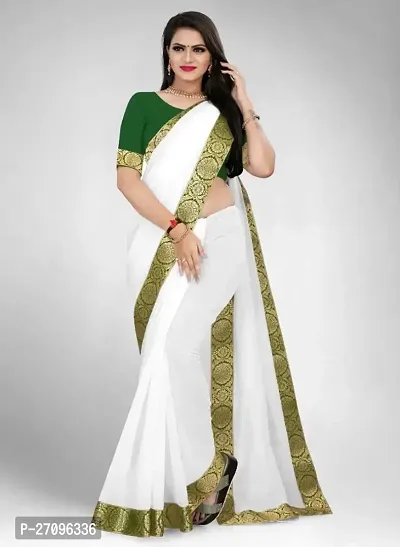 white saree with chanderi fabric and with cotton silk blouse and lace-thumb0