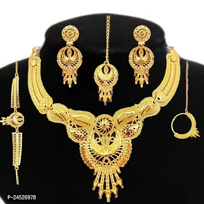 SDR New Design Golden Necklace With Earrings Maangtika  Nosepin And Bracelate  Jewellery Set-thumb0