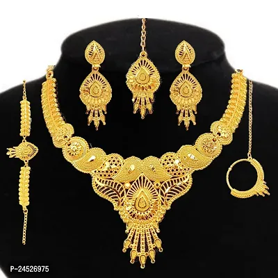 SDR New Design Golden Necklace With Earrings Maangtika  Nosepin And Bracelate  Jewellery Set