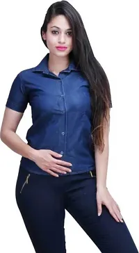 Stylish Fancy Roll- Up Sleeves Solid Denim Regular Fit Shirt Combo For Women Pack Of 2-thumb1