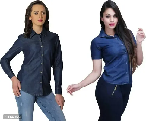 Stylish Fancy Roll- Up Sleeves Solid Denim Regular Fit Shirt Combo For Women Pack Of 2