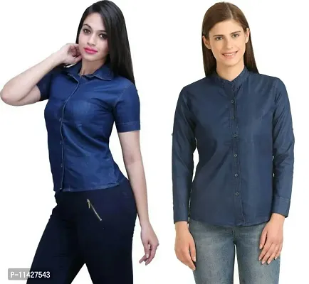 Stylish Fancy Roll- Up Sleeves Solid Denim Regular Fit Shirt Combo For Women Pack Of 2-thumb0