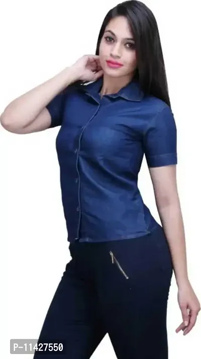 Stylish Fancy Roll- Up Sleeves Solid Denim Regular Fit Shirt Combo For Women Pack Of 2-thumb3