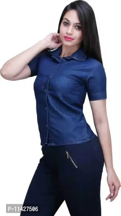 Stylish Fancy Roll- Up Sleeves Solid Denim Regular Fit Shirt Combo For Women Pack Of 2-thumb3