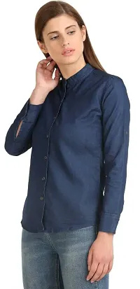 Stylish Fancy Roll- Up Sleeves Solid Denim Regular Fit Shirt Combo For Women Pack Of 2-thumb2