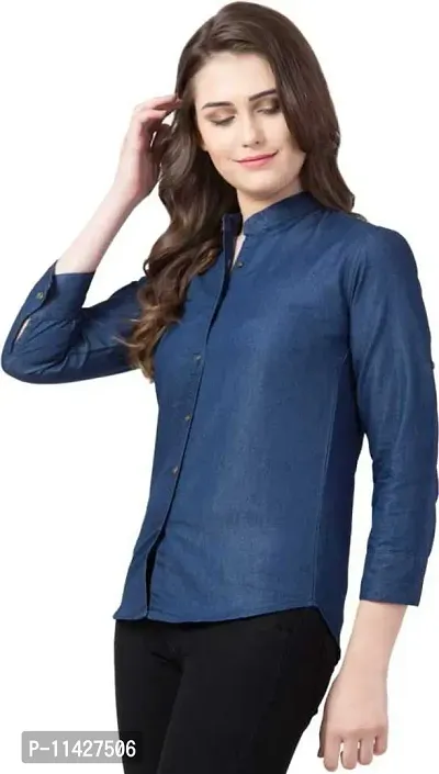 Stylish Fancy Roll- Up Sleeves Solid Denim Regular Fit Shirt Combo For Women Pack Of 2-thumb2