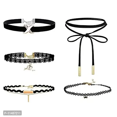 Romp Fashion Multicolour Lace 5 Pieces Choker Necklace Set with Bracelet and Adjustable Finger Ring for Women-thumb4