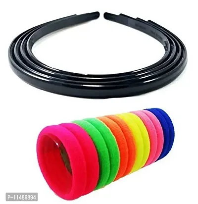 Fok Set Of 20 Pcs Bright Color Cotton Rubberbands & 4 Pcs Black Plain Plastic Hairbands (8 mm)