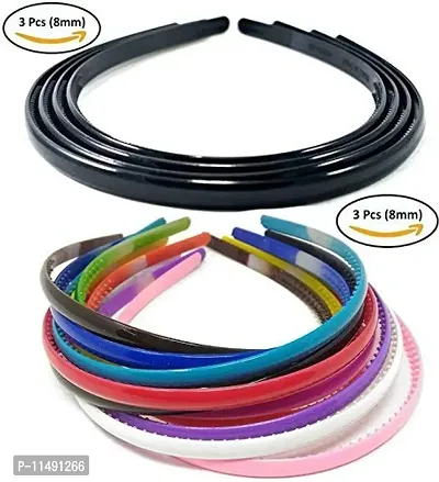 Fok Set Of 3 Black & 3 Multi Color Plastic Hair Bands (8 mm)-thumb2