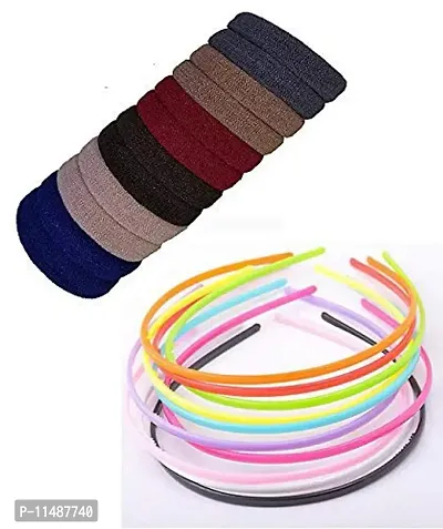 Fok Set Of 20 Pcs Dark Multi Color Cotton Rubberbands & 4 Pcs Multi Color Plain Plastic Hairbands (6 mm)