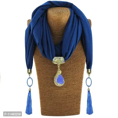 FOK Blue Stylish Fashionable Stole/Scarf With Pendant Necklace For Girls And Women-thumb0