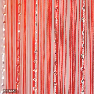 PINDIA Decorative Thread Curtain with Silver Kite String Bead Fancy Room Divider - 7FT, Red