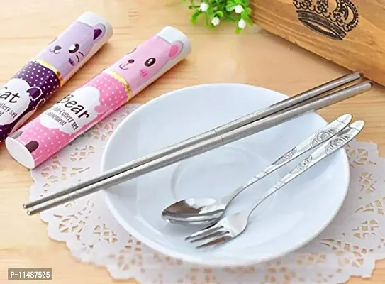 YUTIRITI Set of 1 Portable Pen-Type Tableware Stainless Steel Chopstick Spoon Fork Dinner Flatware Cutlery Set - Random Design