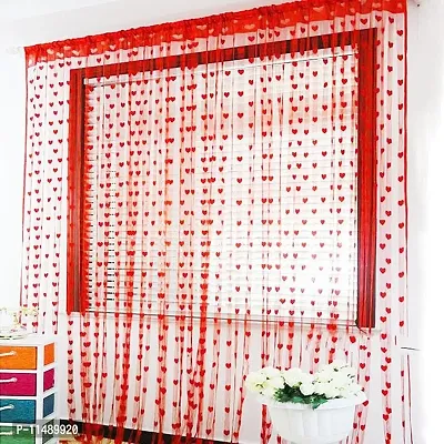 Pindia 6 Feet Set Of 2 Red String Net Heart Design Door Window Curtain-thumb0