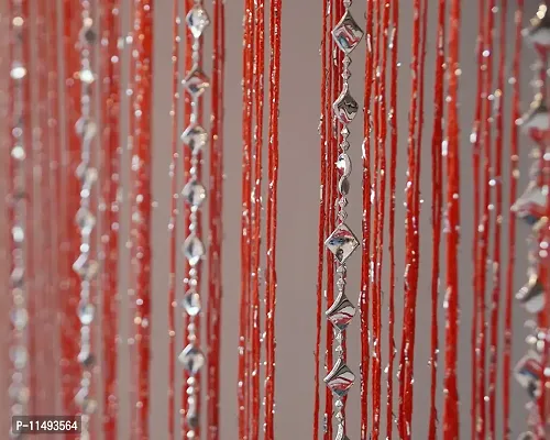 PINDIA Decorative Sparkling Thread Curtain with Silver Kite String Bead Fancy Room Divider - 9FT, Red