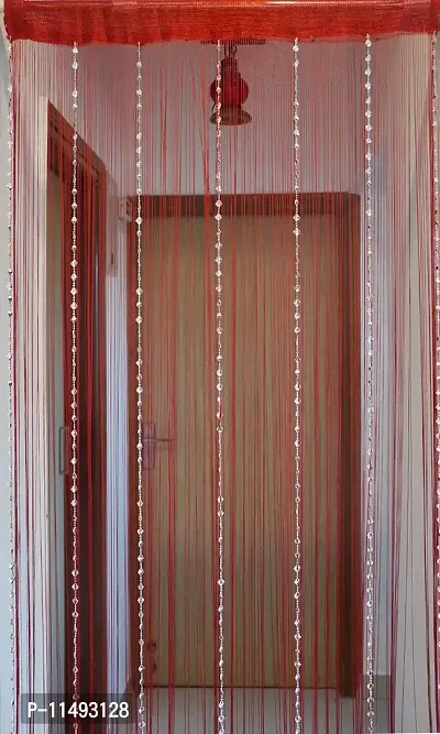PINDIA Decorative Thread Curtain with Silver Kite String Bead Fancy Room Divider - 7FT, Maroon-thumb3