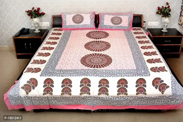 Sanganeri Jaipuri Printed Cotton Double Bedsheet With 2 Pillow Covers-thumb0