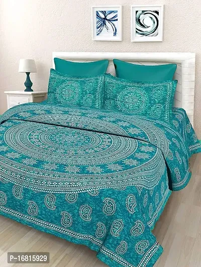 Sanganeri Jaipuri Printed Cotton Double Bedsheet With 2 Pillow Covers-thumb0