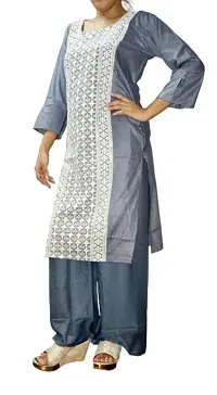 A-Line Multicoloured Chikankari Cotton Blend Kurta-thumb2